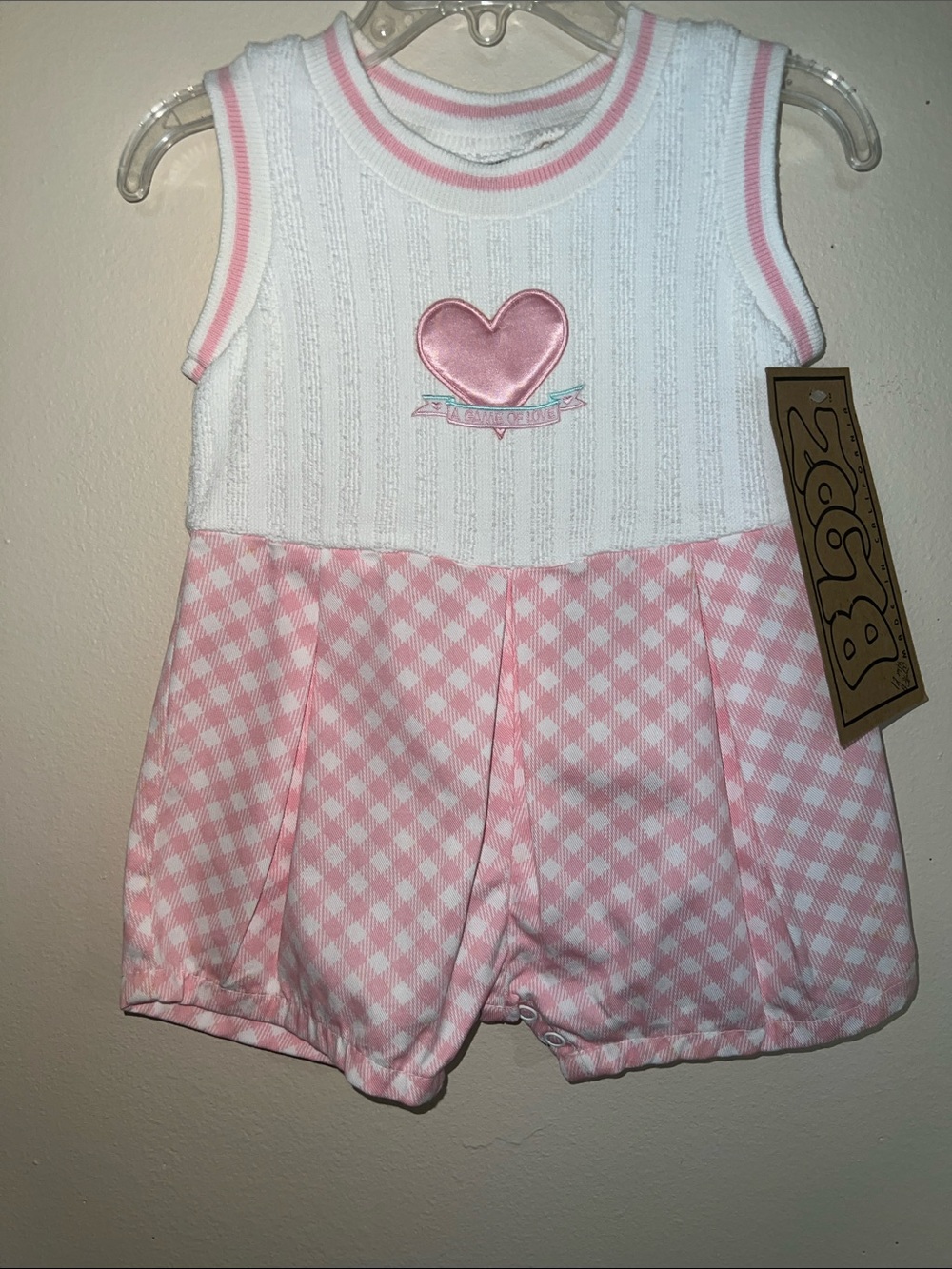 Vintage Kids Baby Pink Gingham Heart Romper  With Satin Heart by Blooz 12M